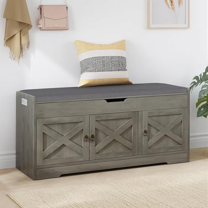 Farmhouse Shoe Storage Bench with Cushion Seat, 3-Tier Entryway Bench with Lift Top Storage and Adjustable Shelf, Bench for Hallway, Bedroom, Grey