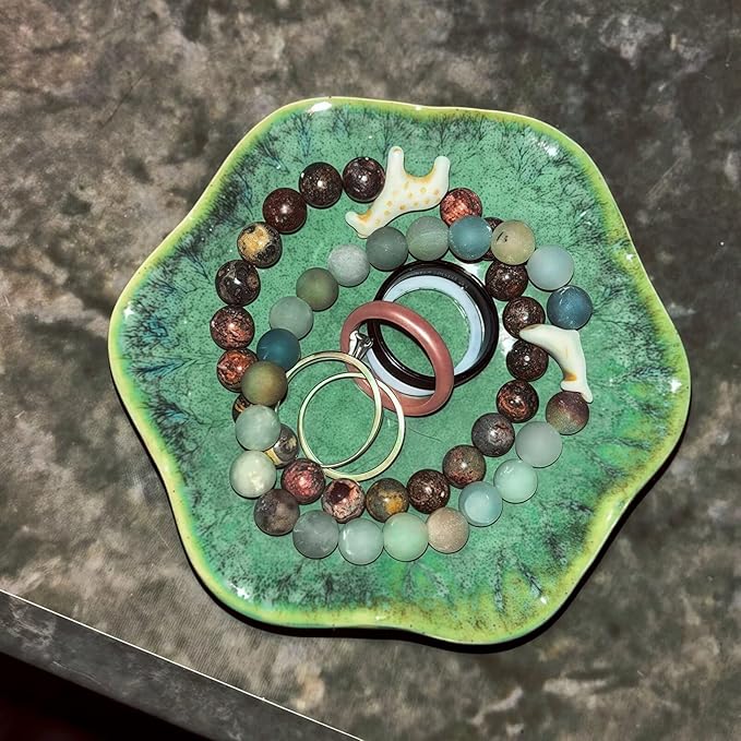 2Pcs Ceramic Jewelry Dish - Lotus Leaf Shape, for Ring Holder Necklace Small Key, Suitable for Mother Friend Sister, Gifts for Women, Cute Plate Trinket Tray, Home Decor (Crystal Green & Light Blue)