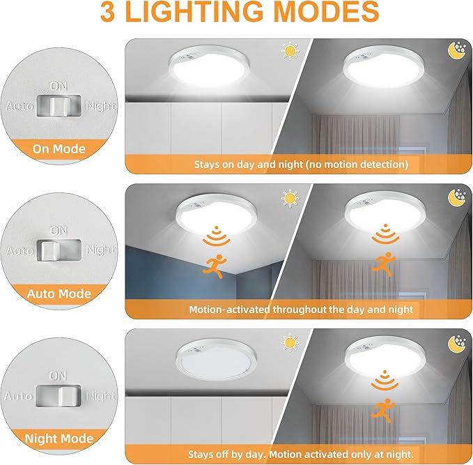 2-Pack Motion Sensor Ceiling Lights Hard-Wired, 9Inch Indoor Motion Activated LED Ceiling Light Fixtures with 3 Modes, Flush Mount Lights for Closet Stairwell Hallway, NOT Battery Operated, 5000K