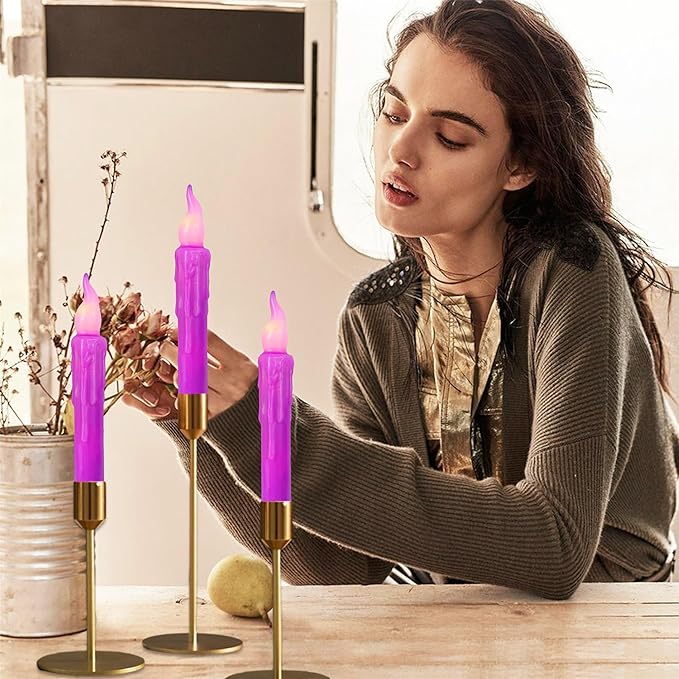 Magical Candlesticks Flameless Taper Candle, 4pcs Real Wax LED Tapered Candles Remote Dipped Candle 6inches Battery Chandelier for Enchanting Weddings Harry Potter Inspired Vigils (Purple)