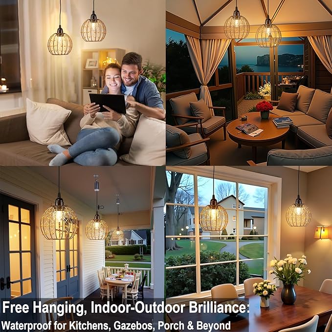 Hanging Pendant Lights, Battery Operated Outdoor Chandelier with Warm White LED Bulb for Patio Tree Pergola Gazebo Porch (Beaded Ball-G50-2PK)