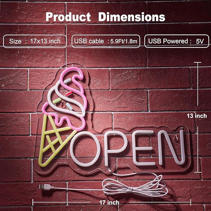 ICE-CREAM Open LED Neon Sign for Wall Decor USB Adjustable Brightness Living Room Bars Barbers Pub Wedding Party Salon Club Gatherings Gaming Room Man Cave Halloween Christmas Birthday Art Wall Decor