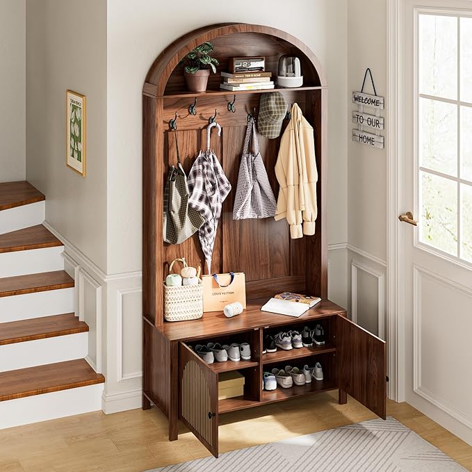 Hall Tree with Bench and Shoe Storage, Entryway Storage Bench with Coat Rack, 78.74" Coat Rack with 7 Hooks and Adjustable Shelves, Farmhouse Style Furniture Organizer for Hallway (Walnut, 78.74"H)