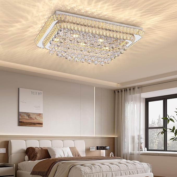 32 inch Crystal Flush Mount Chandelier, Modern Raindrop Crystal Silver Chandeliers with Remote and APP, 3 Colors Temp & Brightness Adjustable, Ceiling Light for Bedroom Hallway DiningRoom Living Room