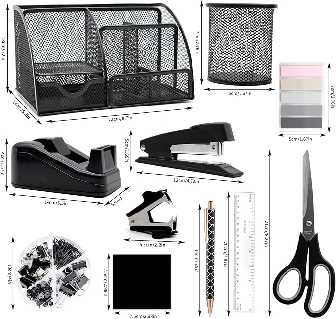 Black Desk Organizers and Accessories,12pcs Office Supplies Set With Pen Holder, Tape Holder, Stapler, Scissors, Ruler, Staple Remover for Office & Study Room, Gift for Coworker