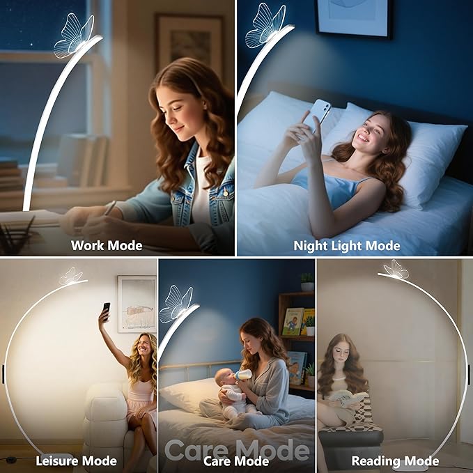 Modern Butterfly Arc Floor Lamp - Dimmable 2000 Lumens Arched Floor Lamp with Remote Control, 3 Color Modes & Foot Switch, Elegant Arc Floor Lamps for Living Room, Bedroom, Office Decor (White)