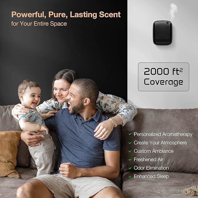 Airversa Waterless Essential Oil Diffuser for Home Large Room and Commercial Use, Up to 2000 sq ft, App Control Cold Air Diffuser, 400mL, DC-12V/1A Plug in Wall, Smart Scent Air Machine, ANW-Black