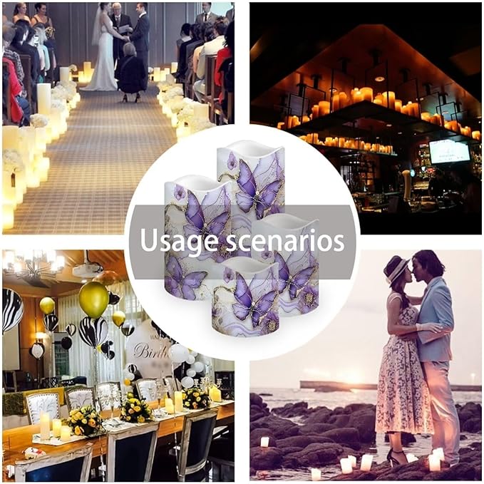 Purple Butterfly LED Pillar Candles Bulk Set of 4 with Timer Remote Color Changing Electric Fake Candles for Home Decorations
