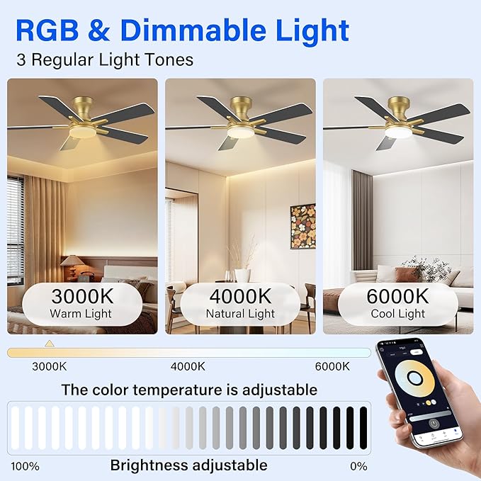 42 Inch Ceiling Fans with lights,RGB Low Profile Ceiling Fan with Light and Remote Control,Modern Flush Mount Ceiling Fans for Bedroom,Patio,Porch,Outdoor Indoor Use,in Black White and Gold,Quiet