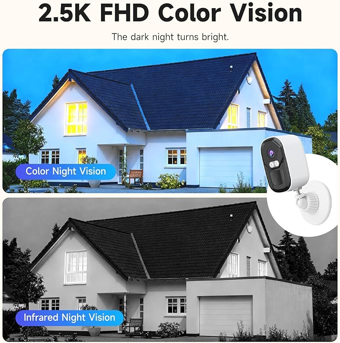 Security Cameras Wireless Outdoor, 2.5K Battery Camera, 2.4G/5GHz WiFi, Spotlight & Siren Alarm, Color Night Vision, AI Motion Detection, Waterproof, Magnetic Mount, Compatible with Alexa