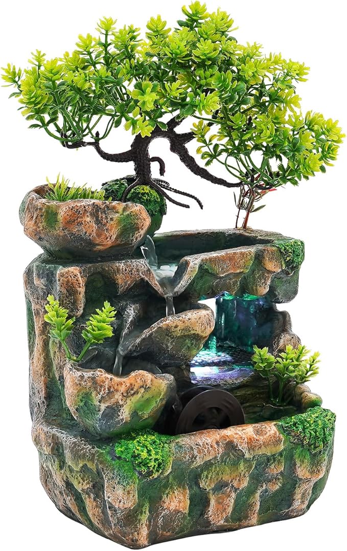 Desk Waterfall Fountain, Water Fountains Indoor Bonsai Desktop Ornament with LED Light, Zen Meditation for Home Office Bedroom Atomizing Humidifier Desk Decoration