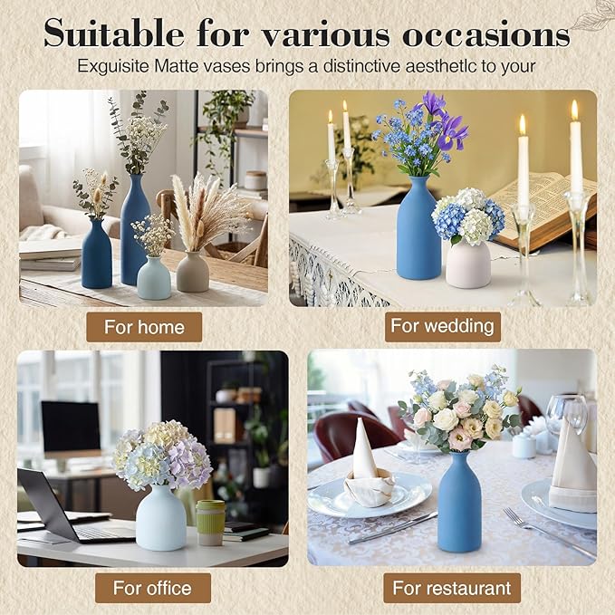 Dandat Blue Ceramic Vase Set of 4, Modern Decorative Ceramic Vases Rustic Pottery Centerpiece Table Decor for Farmhouse Bouquet Pampas Grass Dried Fresh Flowers, Living Room, Kitchen, Bedroom