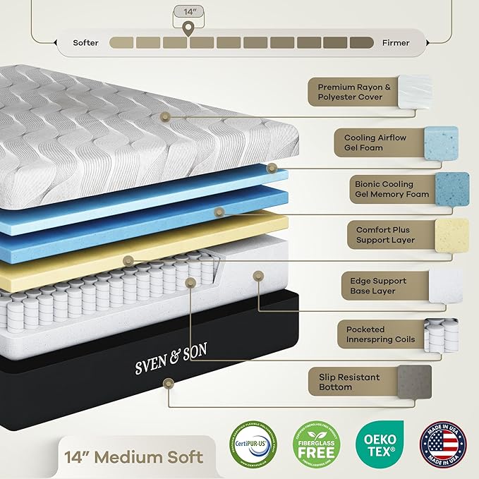 Sven & Son Harmony Adjustable Bed Base, Head and Foot Lift, Massage, Under-Bed Lights, USB, Gel Memory, Zero Gravity Smart Frame - Twin XL + 14 inch Hybrid Spring Matt (Medium Soft)