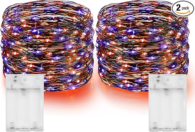 Dazzle Bright Purple and Orange Halloween Fairy String Lights, 2 Pack Total 40FT 120 LED Copper Wire Battery Operated Waterproof Lights, Halloween Decorations for Indoor Outdoor Patio Yard Party Decor