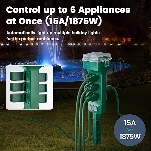 SURAIELEC Outdoor Power Stake Timer, Dusk to Dawn Light, 6 Grounded Outlets Power Strip Weatherproof, 6FT Extension Cord Countdown Outlet for Yard, Garden, Christmas, Outdoor Light, 1875W/15A, Green