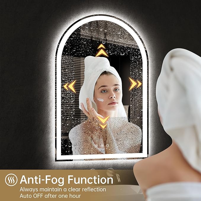 Arched LED Mirror for Bathroom 24"x36"- Frameless Lighted Bathroom Mirror with Lights, Fogless, Dimmable, 3 Color Changing, Shatterproof, Touch Sensor