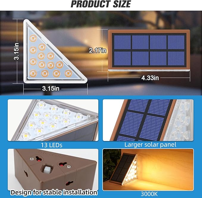 NIORSUN Outdoor Stair Lights 12 Pack, Solar Step Lights IP67 Waterproof with 13 Bright LEDs, 3000K Warm White, Auto On/Off, Triangular Design for Steps, Deck, Patio, Yard, Porch, Sidewalk