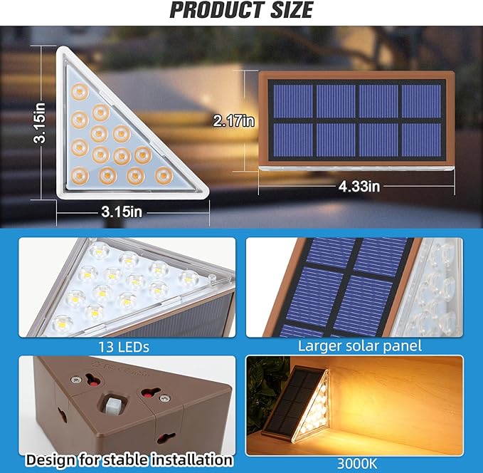 NIORSUN Outdoor Stair Lights 6 Pack, Solar Step Lights IP67 Waterproof with 13 Bright LEDs, 3000K Warm White, Auto On/Off, Triangular Design for Steps, Deck, Patio, Yard, Porch, Sidewalk