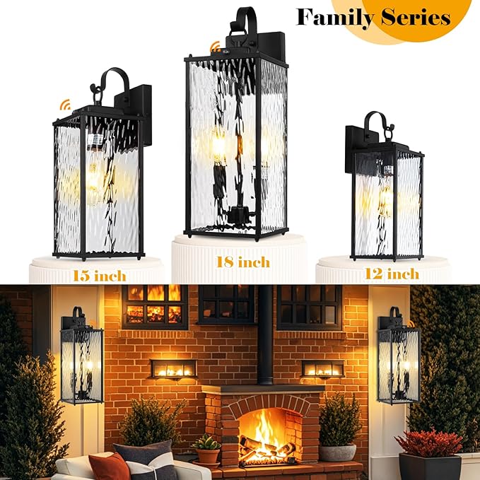 Dusk to Dawn Sensor Outdoor Light 18 Inch, Large 2-Light Bulb Outdoor Sconce Light Photocell Sensor Water Ripple Glass IP65 Waterproof Exterior Wall Lantern Lamp, E12