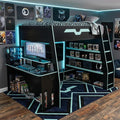 LUMISOL Full Size Wood Loft Bed with Desk and Multi-Storage Shelves, Gaming Loft Bed with RGB LED Lights and Adjustable Desk Placement, Space-Saving Game Bedframe with Under-Bed Storage, Cloud Blue