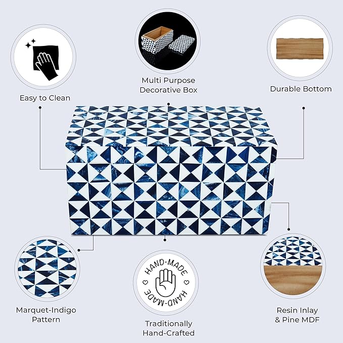 Handicrafts Home Blue and White Decorative Storage Box with Lid– Large Decorative Storage Box, Handmade Resin Inlay Wooden Box, Memory Keepsake Box, Jewelry Organizer, Coffee Table Decor Box-10x5x5