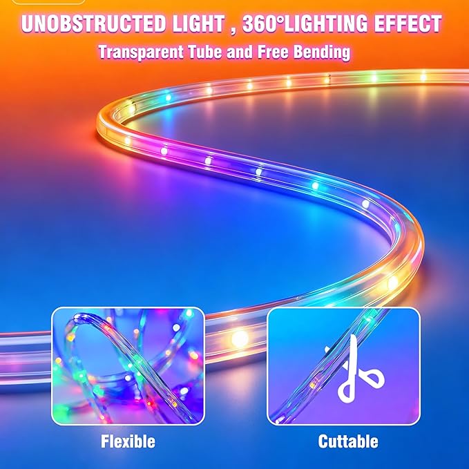 RGB Smart IC Strip Lights with APP Control, 33FT RGB+IC LED Color Changing Rope Lights Outdoor, Waterproof Neon LED Music Sync Flexible Tube Light for Bedroom Living Room Patio Christmas Hoilday