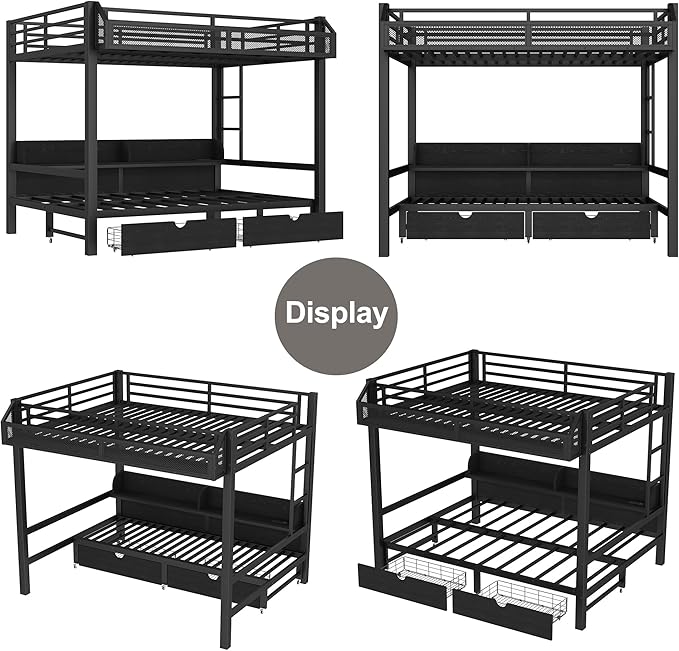 Bellemave Queen Over Queen Metal Bunk Bed with Storage Drawers and Shelves, Heavy Duty Bunk Beds with LED Lights and Charging Station for Kids,Adults,Convertible into a Sofa Bed,Black