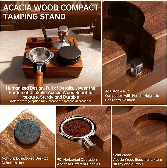 9 Pcs Espresso Accessories Kit, 54mm Espresso Tamper Tools, with Wooden Espresso Tamping Station, Distributor, Stirrer, Dosing Funnel,Puck Screen, Brush, Latte Art Pen and Decorative Stencils