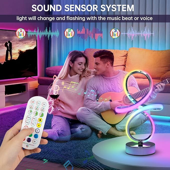 Modern RGB Table Lamps, LED Spiral Table Lamp, Silver Bedside Lamp with Remote&APP, Multicolor Changing Nightstand Lamp with Music Rhythm Modes for Bedroom, Living Room, Gaming Room, Christmas Gifts