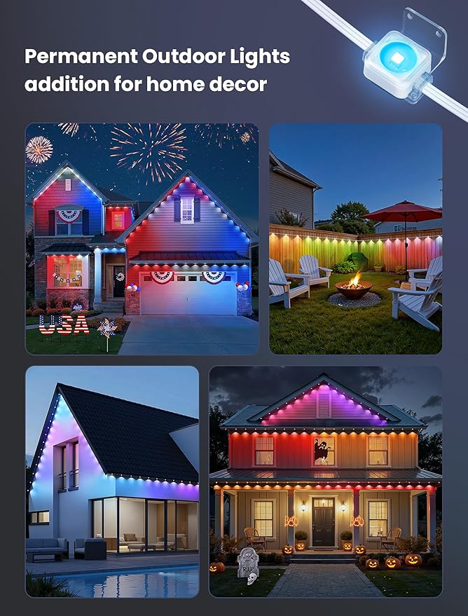 Permanent Lights Outdoor,Smart RGB LED Lights with 66 Scene Modes,50FT LED Eaves Lights IP67 Waterproof,Color Changing String LED Lights for House,Party,Holiday,Christmas,All year-round Decor