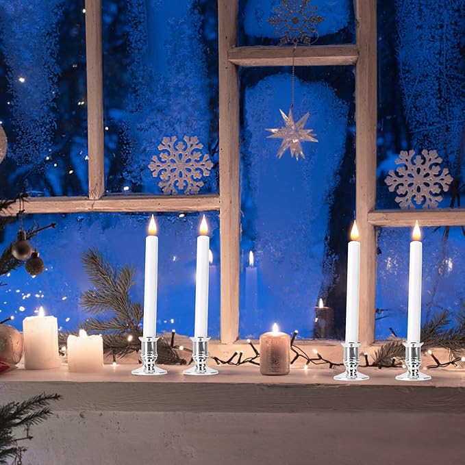 LED Flameless Window Candles with Remote Timer 10 PCS Battery Operated Flickering Taper Candle Lights with Removable Sliver Candle Holders Best Gift for Xmas Wedding Home Dinner Décor