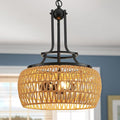 WUZUPS Rattan Boho Chandelier Rustic Farmhouse Industrial Round Coastal Hanging Pendant Light Fixture Wicker Lampshade for Dining Room Kitchen Island Foyer Entryway, H 19.6" x W 15.9", Black