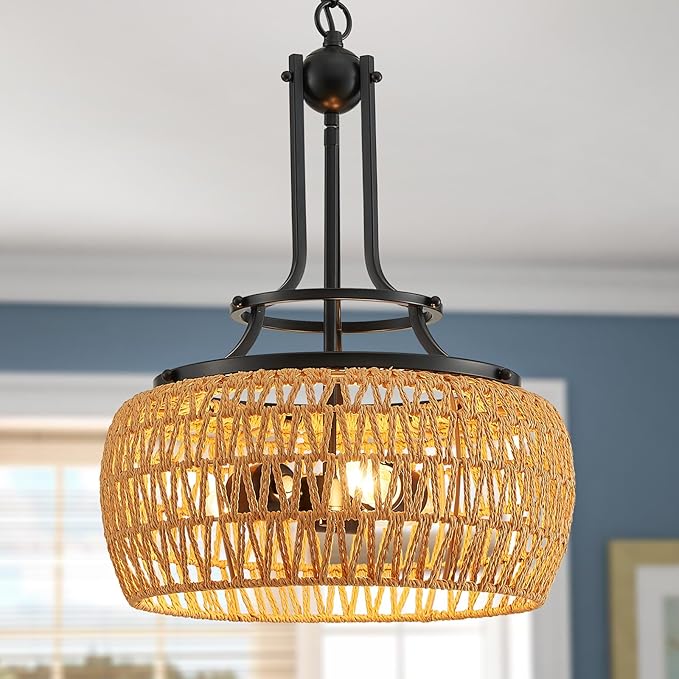 WUZUPS Rattan Boho Chandelier Rustic Farmhouse Industrial Round Coastal Hanging Pendant Light Fixture Wicker Lampshade for Dining Room Kitchen Island Foyer Entryway, H 19.6" x W 15.9", Black