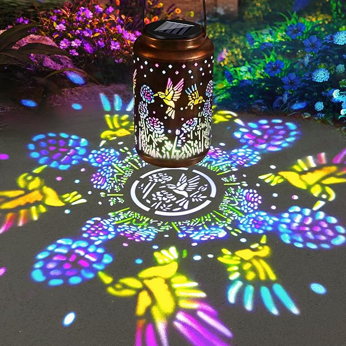 ODEETRONIC Solar Hummingbird Lantern with Colorful Projection - Hummingbird Birthday Gifts for Women Mom Grandma, Multicolor Hanging Lights Outdoor Waterproof, Solar Lantern Lights for Garden Patio