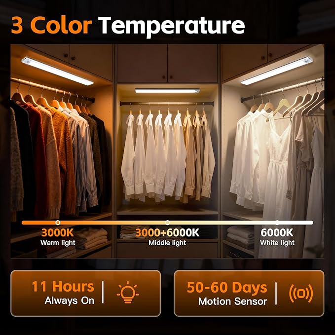 11.8inch Motion Sensor Cabinet Lights, 2200mAh 54 LED Beads, USB-C Charging, 3 Color Temperatures, for Long Lasting Durability Easy to Install, Magnetic Under Cabinet Lights for Kitchen (2 Pack)