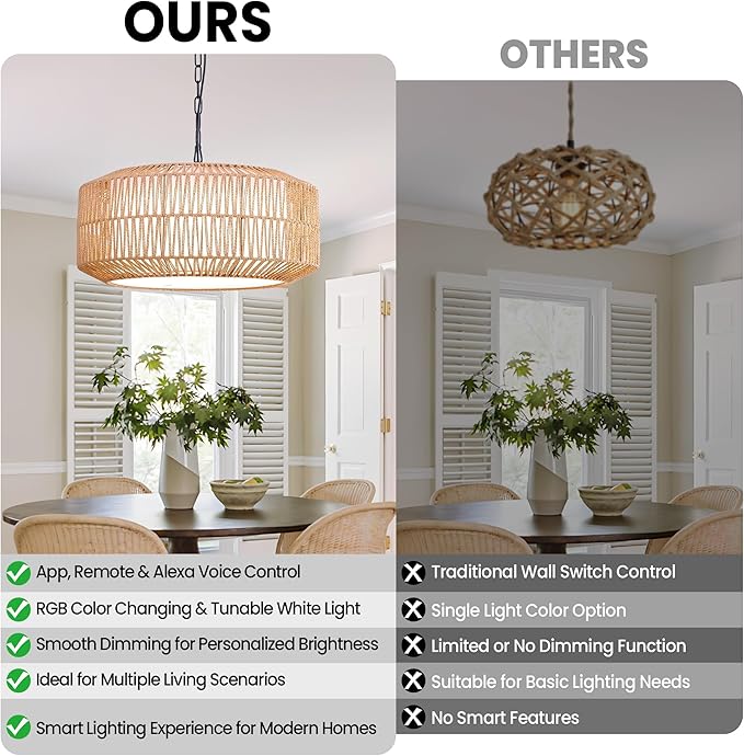 Smart RGB Ambient Rattan Pendant Light with Voice & App Control, Dimmable Boho Hanging Ceiling Lamp for Bedroom & Dining Room, Handwoven Wicker Light Fixture, 21.7” Natural