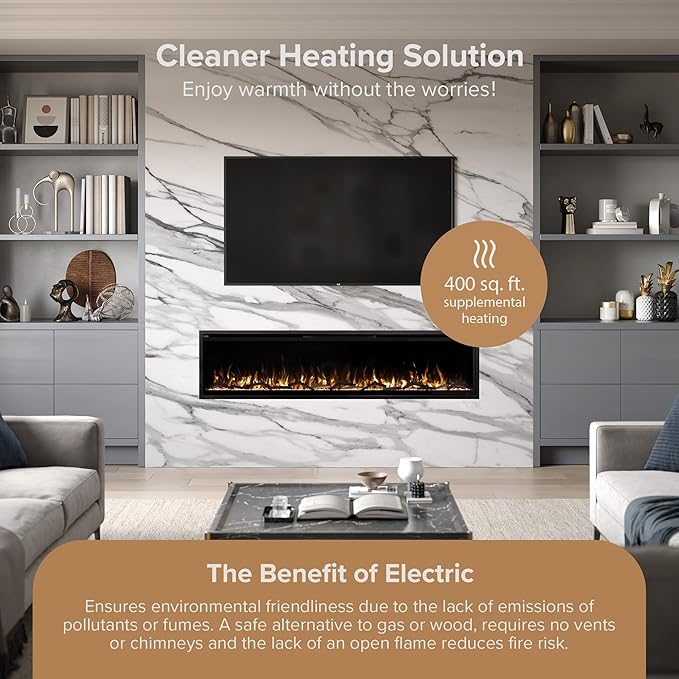 Modern Ember Aerus Slim 72 Inch Smart Linear Electric Fireplace | Recessed in-Wall or Wall-Mount | LED Multiple Flame Colors | Alexa/WiFi Enabled | 4.25” Profile | Remote Included