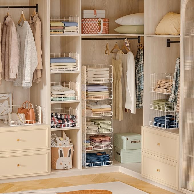Yociyoga 6-Tier Stackable Closet Organizers and Storage Shelves, Closet Shelf Organizer Basket Bins, Foldable Sweater Storage for Clothes Organizer System, White（Patent Pending）