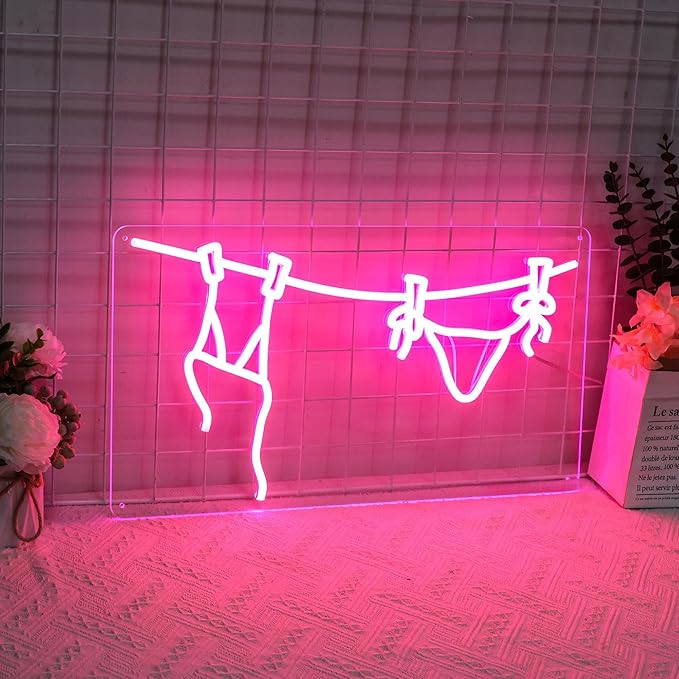 Bikini LED Neon Wall Light, Summer Coastal Beach Decor Sign, Coconut Girl Aesthetic Art for Bathroom Laundry Room Bedroom Cowgirl Style Accent 15″ x 8.36″