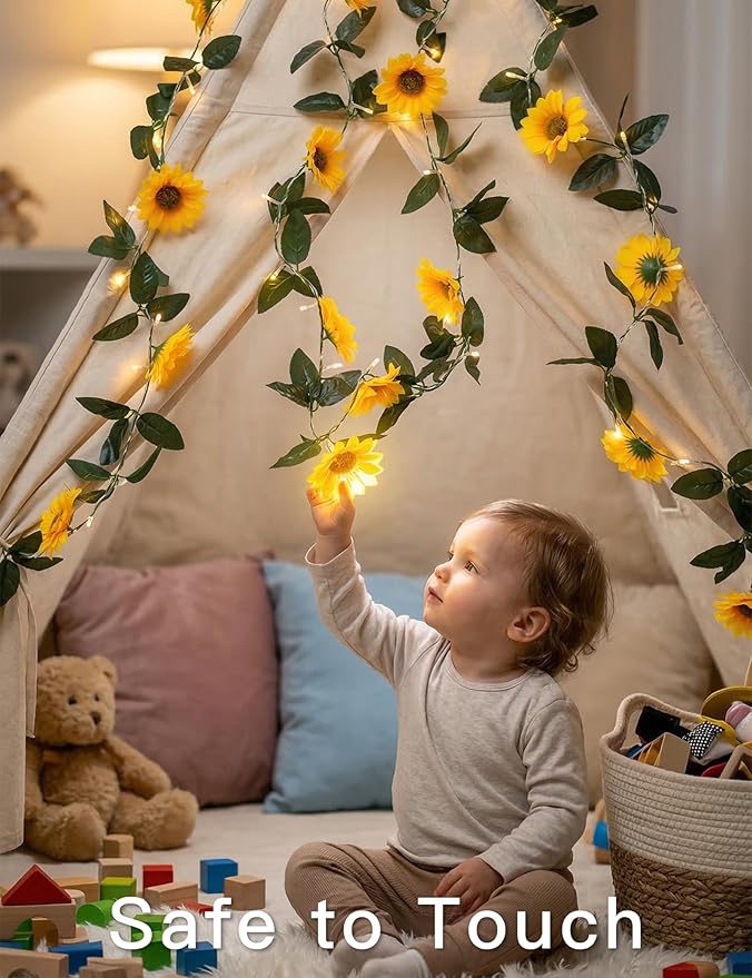 suddus Artificial Sunflower Garland with 60 LED Fairy Lights, Vines with String Lights Battery Operated, Flower Hanging Lights for Indoor, Outdoor, Bedroom, Wedding, Wall, Party (Warm White)