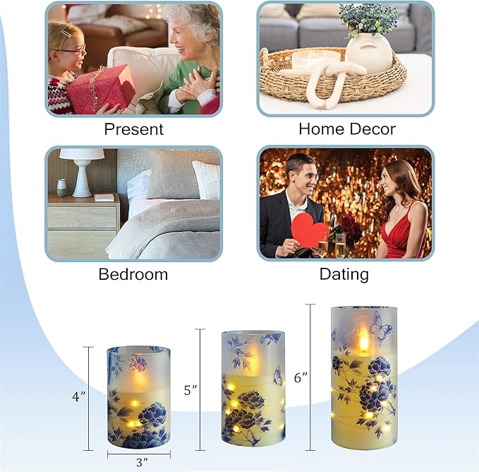 Flameless Candles with String Lights - Set of 3 Chinoiserie Battery Operated Candle Flickering Floral LED Pillar Candles with Timer Remote for Home Decor Romantic Ambiance