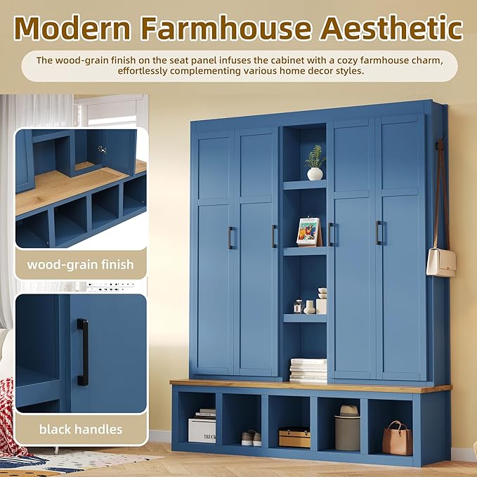 Merax Modern Farmhouse Hall Tree with Bench, 4-in-1 Entryway Storage Cabinet & Shoe Organizer with Hooks, Blue