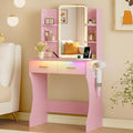 Vanity Desk with LED Lights Mirror & Power Outlet, Small Makeup Vanity Table Set with Storage Drawers, 3 Lighting Modes & Adjustable Brightness, Dressing Table for Women Girls Bedroom, Pink(NO Stool)