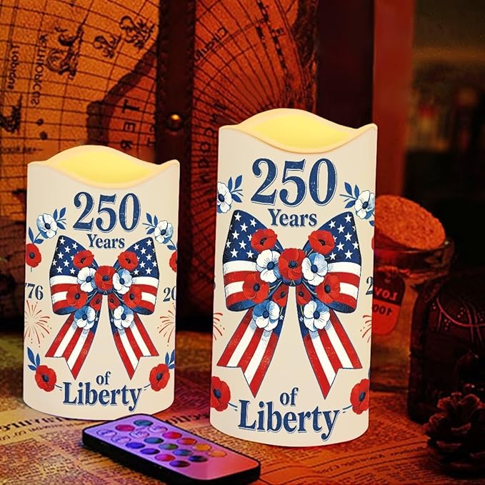 250 Years of Liberty Electric Flameless Candles Bow Flowers LED Battery Operated Remote 250th Anniversary Fourth of July Lamp Patriotic Decor for Home Patio Celebration Set of 4
