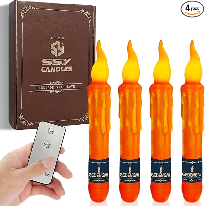 4pcs Orange Real Wax LED Tapered Candles, Battery Operated, Remote Controlled, 6inches, Perfect for Weddings, Decorations, Emergency Use