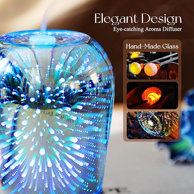 Porseme Essential Oil Diffuser, Aromatherapy Ultrasonic Cool Mist Humidifier, 3D Effect Glass, Auto Shut-Off, Timer Setting,100ml Aroma Decoration for Home, Office, Gym, Spa, Premium Gift