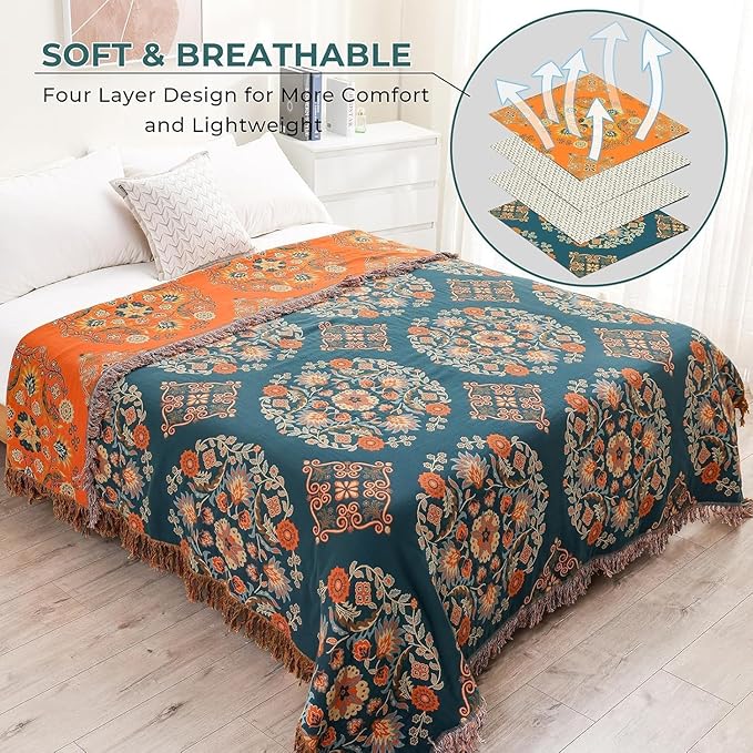 King Throw Blanket for Bed Couch,100% Organic Cotton Reversible Soft Quilt, Orange Floral Breathable Lightweight Blankets,90"×108" Extra Large Sofa Throws for 3 4 Seater with Tassels,Teal