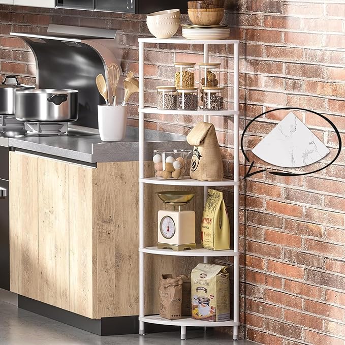 5 Tier Corner Shelf Stand, 44.1" Kitchen Shelf Organizer with Metal Frame, Small Corner Shelf for Bathroom Organization & Storage, Marble White Corner Shelf for Kitchen Decor Accessories