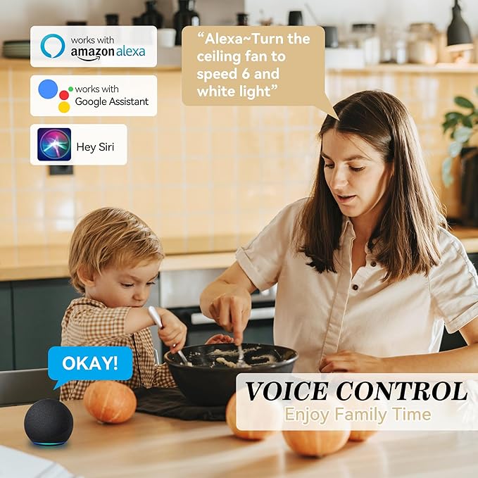 SMAAIR Smart Ceiling Fan with Remote Control, 52 Inch Indoor Low Profile Modern Ceiling Fans with Dimmable LED Light Kit, Timer with 10 Speeds, Works with Alexa/Google Assistant/Siri Shortcut,White