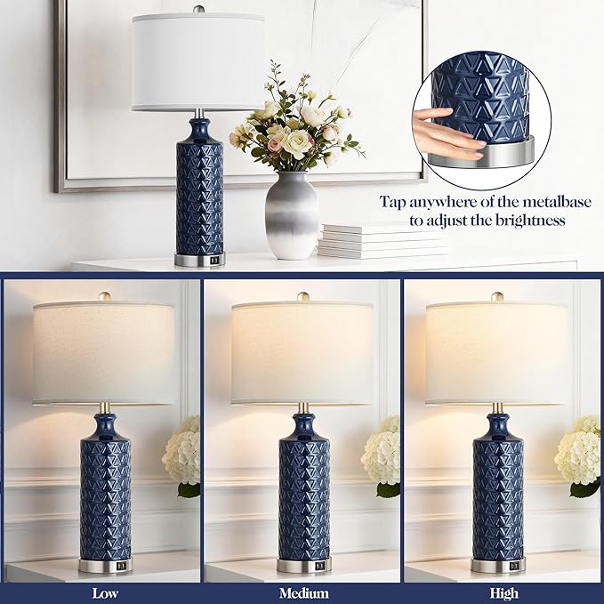 PARTPHONER Touch Control Table Lamp Set of 2, Modern Contemporary Ceramic Bedside Lamps with 2 USB Ports, 3-Way Dimmable Nightstand Lamp with White Fabric Shade for Living Room, Bedroom, Navy Blue